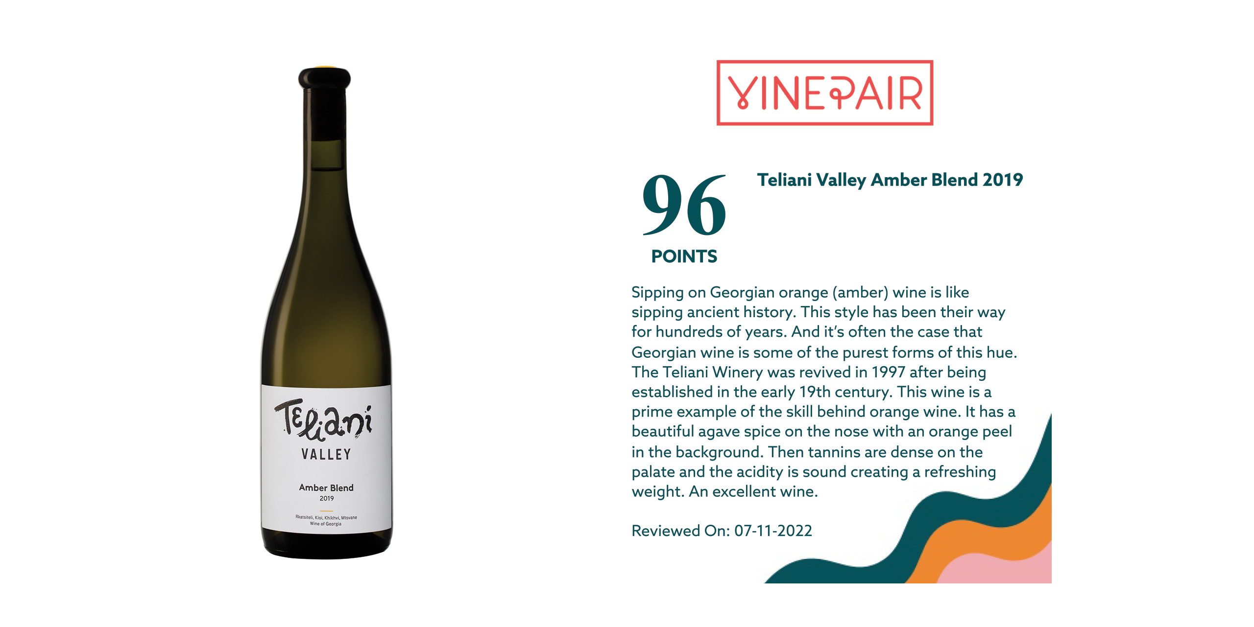 Teliani Valley Amber Blend 2019 tops the list in "The Best Orange Wines for 2022"